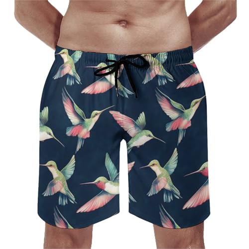 Hawaiian Shorts for Men - Comfy Colorful Hummingbird Print Mens Swim Trunks Bathing Suits with Mesh Lining