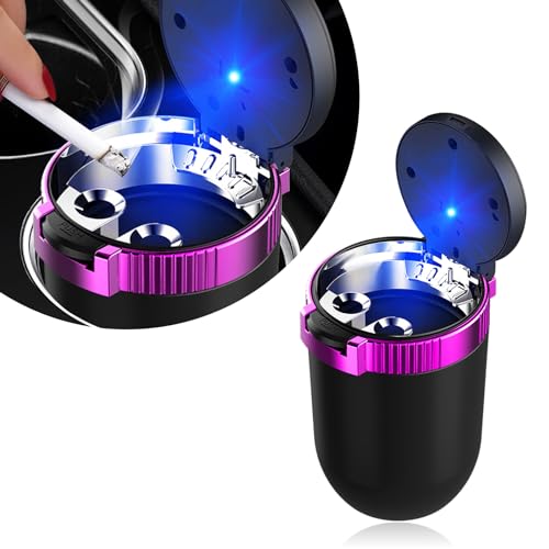 Image of Kewucn Car Ashtray with Lid, Portable & Detachable Smokeless Ashtray, Mini Vehicle Stainless Steel Trash Can with LED Blue Light, Universal Accessories Fits Most Auto Cup Holder (Purple)