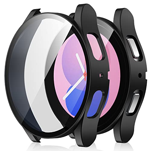 Amizee 2 Pezzi Cover Compatibile con Samsung Galaxy Watch 5/Watch4 44mm, con Vetro Temperato Pellicola Protettiva Custodia Sottile Anti-Graffio per Galaxy Watch 4/5 44mm (Nero/Trasparente)