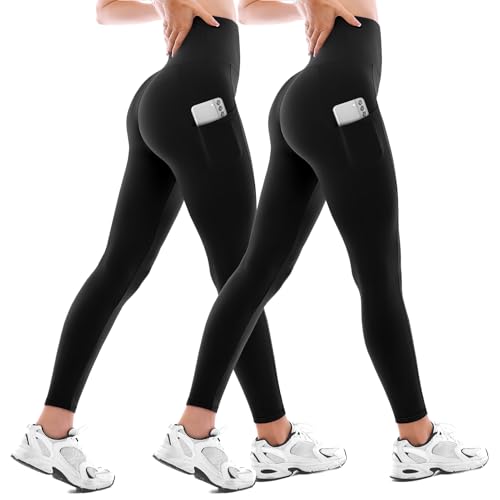 Walifrey Leggings with Pockets for Women 2 Packs,Women's High Waisted Yoga Leggings Gym for Workout Black SM
