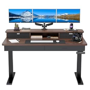 HUANUO 55 x 30 inch Electric Standing Desk with Wood Drawers, Adjustable Height Sit Stand Home Office Desk with Two Tiers, Ergonomic Adjustable Stand up Desk C-Clamp Monitor Mount Compatible, Walnut