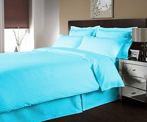 Apsley Linen Damask Stripe Egyptian Cotton 3-PCs Duvet Cover Set with Cornor Ties Zipper Closure Luxury Bedding Set High Thread Count Long Staple Sateen Weave Silky Soft Breathable (King, Turquoise)