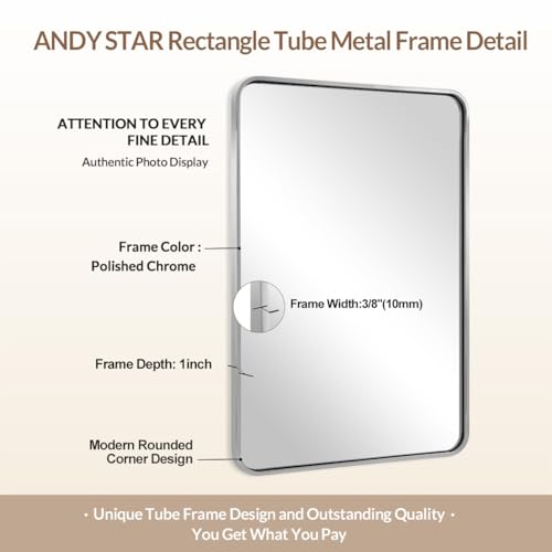 Image of ANDY STAR 40x36 Inch Chrome Bathroom Mirror, Chrome Vanity Mirror for Wall, Rounded Rectangle Mirror, Anti-Rust SUS304, Seamless Tube Metal Frame, 1'' Deep Wall Mounted Vertically /Horizontal