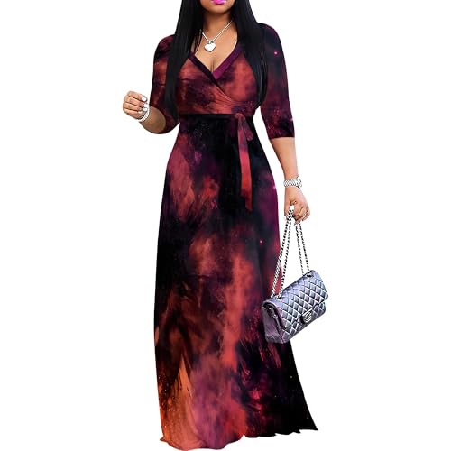 Image of PinkPatty Women's Print Maxi Dresses 3 /4 Sleeve Flowy Long Dress V Neck Wrap Tie Waist Sundress