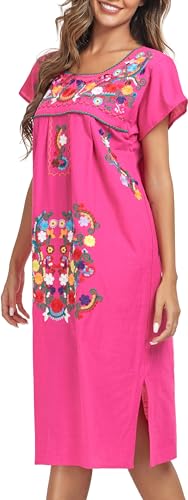 Image of YZXDORWJ Women Mexican Embroidered Long Dress Ruffle Collar Maxi Boho Floral Summer Short Sleeve