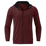 Sudadera con capucha para hombre con cremallera de manga larga para otoño e invierno con bolsillo, Vino, L
