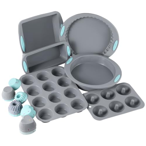 30 Piece Silicone Bakeware Set, Non-Stick Kitchen Oven Baking Pans, Silicone Cake Molds with Muffin Pan, Round Cake Pan, Donut Pan, Square Cake Pan, Loaf Pan, Pizza Pan and 24 pcs Baking Cups (Grey)