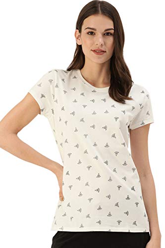Image of Enamor Essentials Womens Slim Fit Regular Length Short Sleeve Crew Neck Comfortable and Stylish Breathable Stretch Cotton Tee - E247-(E247 Ivory Aop L)