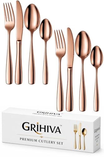 Image of 8 Pcs Rosegold Mirror Polish Stainless Steel Cutlery Set for Dining Table with Spoons and Forks Set + Butterknives - The Perfect Tableware /Flatware