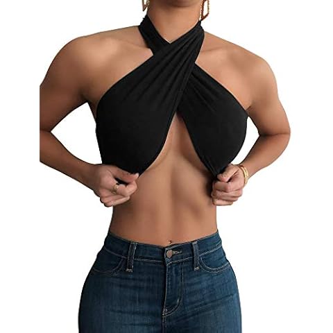 Mokoru Women's Sexy Sleeveless Halter Criss Cross Tank Crop Tops Self Tie Backless Cami, S/M, Black Cover