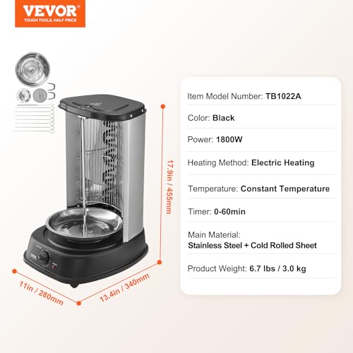 VEVOR Shawarma Grill Machine, Vertical Chicken Shawarma Cooker Machine Countertop, Electric Stainless Steel Broiler Gyro Rotisserie Oven Doner Kebab Machine, for Home Restaurant Kitchen Parties