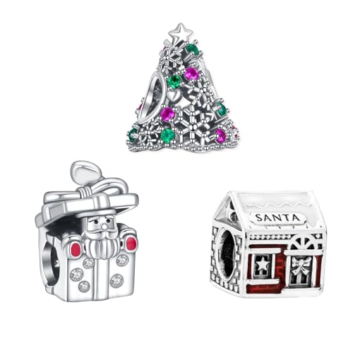 NUNUYAYA Charms Abaloriosde Cuentas Plata de Ley 925 con Circonita Cúbica Santa Claus Tree Snow House Dangle Charms Colgante Compatible con Niña Mujer Europeo Pulsera Collar 3 juegos