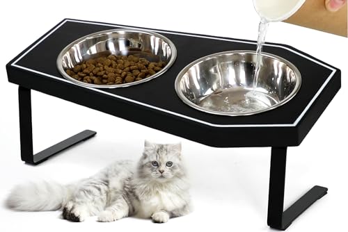 Cat Food Bowls Elevated Gothic Cat Bowls Raised Cat Bowls for Indoor Cats with Non-Slip Stand & Wood Board Stainless Steel and Whisker Friendly Food Bowls