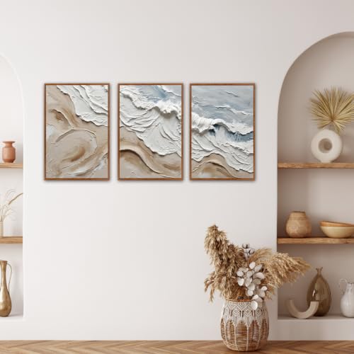 Image of CHDITB 3D Textured Ocean Wave Wall Art,Beige Coastal Minimalist Wall Decor
