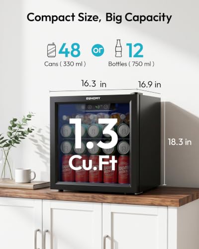 Image of EUHOMY 48 Can Beverage Refrigerator cooler-Mini Fridge Glass Door for Beer Drinks Wines, Countertop Beverage Fridge with Adjustable Shelves Blue LED for Home /Office /Dorm /Bar, 1.3 cu.ft