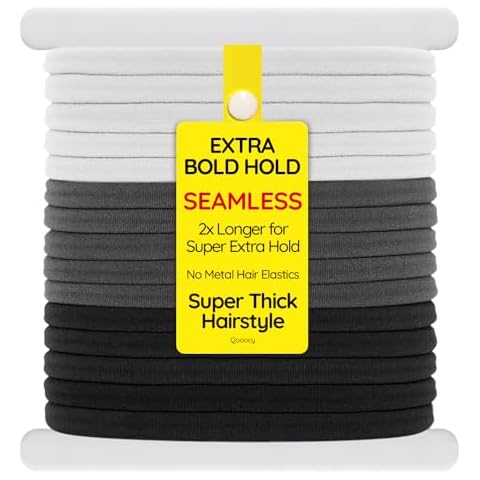 Qooocy Long & Curly Fit Hair Ties - Damage Free Hair Ties - Seamless Long Thick Elastics Hair Accessories - No Snagging, Dents, or Breakage (15 Count), Monochrome Cover