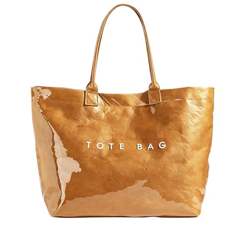 ALUWU Womens PVC Tote Bag Kraft Paper Work Handbag Wipeable Plastic Purse with Top Handle for Beach Travel Brown