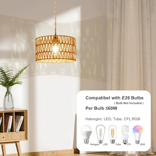 Maliralt Hanging Lamps Rattan Pendant Light Hanging Lights 16.4ft Plug in Cord Pendant Light Fixture Plug Into Wall Outlet Pendant Lighting with On Off Switch for Bedroom Living (Cylindrical Shade)