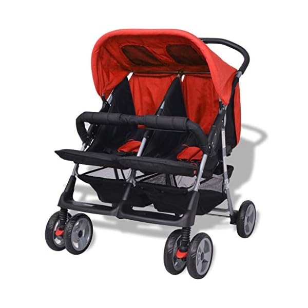 yorten Baby Zwillingswagen Klappbar mit Regenschutzhaube Zwillingskinderwagen aus Stahl und Oxfordgewebe 93 x 68 x 103 cm (L x B x H) Rot und Schwarz