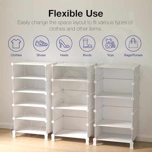 Image of BOXJOY 5 Shelf Plastic Almirah Wardrobe Racks with 5 Doors, Magnets & 5 Hook Steel Holder Clothes Storage Collapsible Foldable Multipurpose Cupboard Organizer for Baby Kids Cloth Bedroom Toys (White)