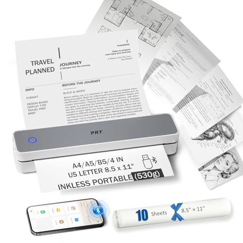 PRT Inkless Portable Printer, Wireless Thermal Printer for Travel Support 8.5'x11' US Letter & A4 B5, MT610 Small Bluetooth Mobile Printers with iOS Android Laptop for Home Car Office School, Grey