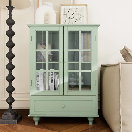 MDQMD 36'' Tall Storage Cabinet with Glass Doors for Living Room,Small Floor Buffet Cabinet with Drawer,Mint Green