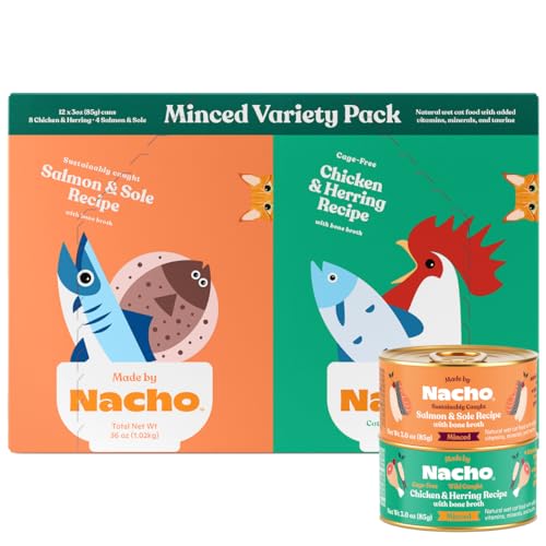 Made by Nacho Premium Minced Wet Canned Cat Food with Hydrating Bone Broth 3.0oz (Variety Pack (12 Count) - Chicken and Herring, Salmon and Sole) Made by Nacho Premium Minced Wet Canned Cat Food with Hydrating Bone Broth 3.0oz (Variety Pack (12 Count) - Chicken and Herring, Salmon and Sole)