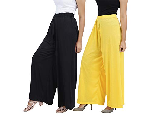 Image of Buy That Trendz M to 4XL Cotton Viscose Loose Fit Flared Wide Leg Palazzo Pants for Women Black Yellow Combo Pack of 2