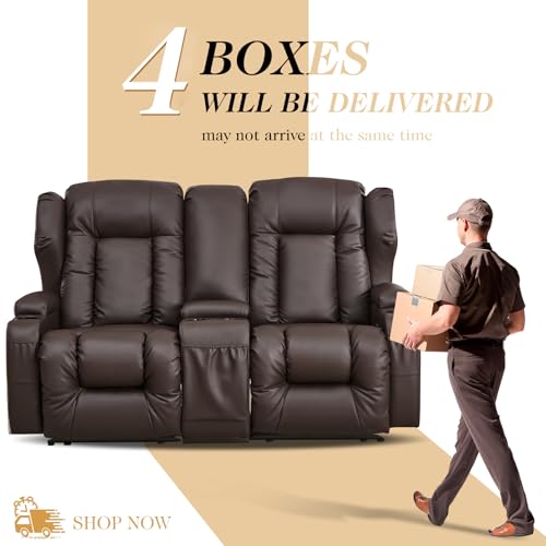 Image of Loveseat Recliner Sofa with Console,RV Wall Hugger Recliners for Small Spaces,Reclining Loveseat Sofa Recliner with Cup Holders /Lumbar Pillows,RV Furniture (Brown, 66 inch 2-Seater)