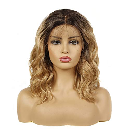 Life Diaries Ombre 613 Blonde Bob Wave Lace Front Wig Dark Roots Synthetic Half Hand Tied Wigs With Baby Hair Pre Plucked Natural Hairline Heat Resistant Fibers for Women(14",1B/Dark Gold)