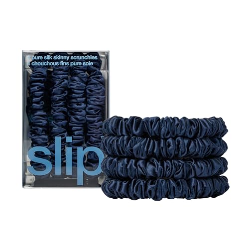 Image of Slip Silk Hair Ties - Skinny Silk Navy Scrunchies, No Damage, No Crease, Anti-Breakage |100% Mulberry Silk | All Hair Types | Made with Proprietary Slipsilk | Set of 4