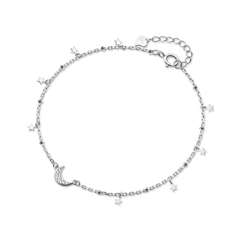 LYGBAOFUL Tobillera S925, Luna de señora, Estrella Brillante de Cinco Puntas, Diamante, Cuentas Ligeras, Adornos de corazón y pie para niña Tobillera s925