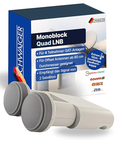 Schwaiger Monoblock Quad LNB I Low Noise Blockconverter für 4 Teilnehmer I für den Empfang von 2 Satelliten I witterungsbeständig & robust für störungsfreien SAT-Empfang I Satellitenschüssel-Zubehör