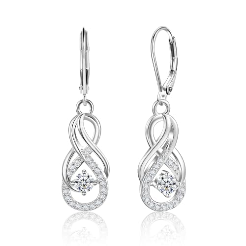 Sterling Silver Dangle Earrings for Women Trendy Hypoallergenic Leverback Silver Drop Earrings with Cubic Zirconia Double Twisted Infinity Heart Ball Charm Dangle Drop Earring Jewelry