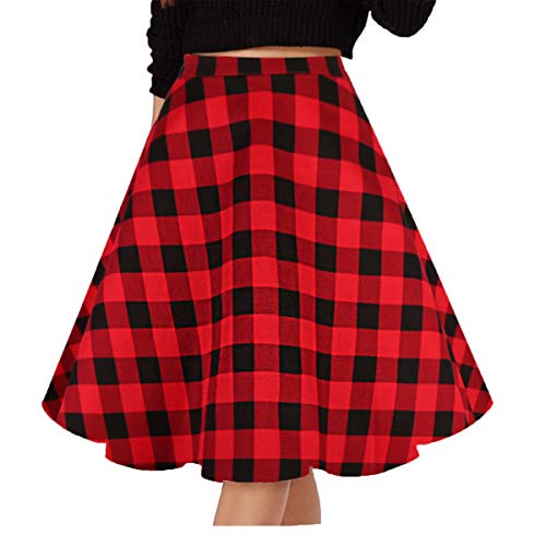 GOOBGS Musever Women's Pleated Vintage Skirts Floral Print Casual Midi Skirt A-Black-red Plaid L