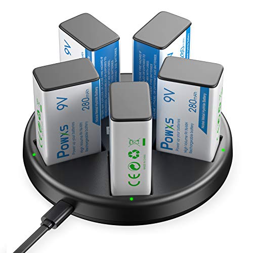 POWXS 9V Rechargeable Battery with Battery Charger, 5 Pack Long-Lasting Ni-MH 9 Volt Battery for Smoke Alarms,Guitar, Cameras, Toys & More