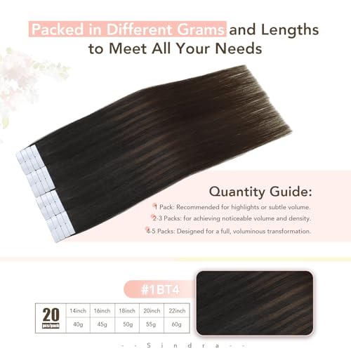 Image of Sindra Invisi Edge Tape in Hair Extensions Human Hair, 16 Inch 45g 20pcs Natural Black to Medium Brown Invisible Extensions Natural Straight Seamless Injected Tape Ins