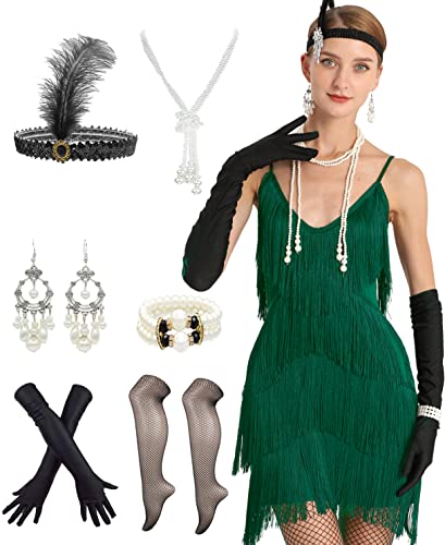 Image of Women 1920s Gatsby Flapper Dress Sexy Open Back Strap Fringed Cocktail Party Dress with 20s Accessories