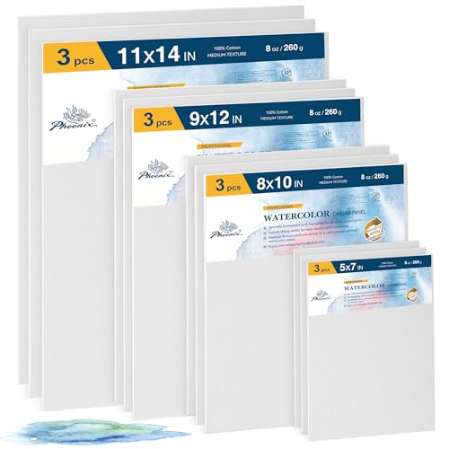 PHOENIX Watercolor Canvas Boards for Painting - 12 Multi Sizes Pack 5x7 8x10 9x12 11x14 Inch 100% Cotton Water Color Panels 8 Oz. / 260g White Blank Medium Texture Flat Canvases