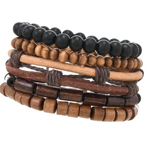 XIAOQENAN 天然木製ビーズ ココナッツシェル 伸縮性ストレッチコード マルチレイヤー レトロ 調節可能 リストジュエリー ヴィンテージココナッツシェル 木製ビーズ 5個, One Size, 説明のとおり