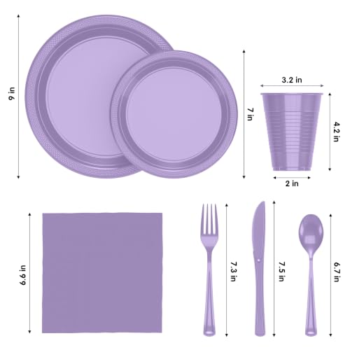 Image of Exquisite 350 Pcs Lavender Plates and Napkins Party Supplies Plate Sets | Sturdy Plastic Dinnerware Set With 9 inch & 7 inch Plates, 12 Oz Cups, Lunch Napkins and Cutlery Serves 50 for Birthdays & Everyday