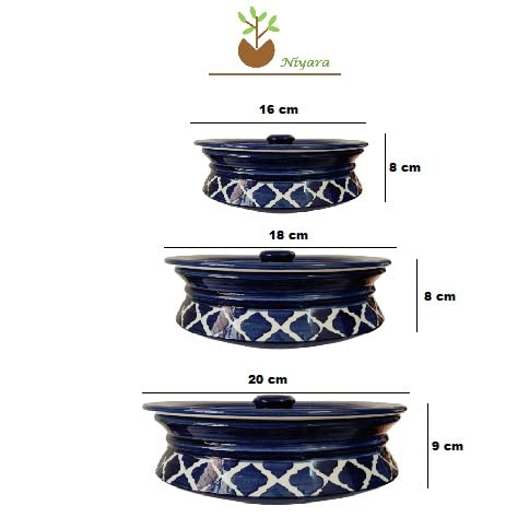 Image of Niyara Stoneware Handmade Ceramic Handpainted Multipurpose Storage Ceramic Jars & Containers with Lid Microwave Dishwasher Safe(Set of 3,) - Kitchen Storage /Serving Snacks Dish (Moroccan Blue)