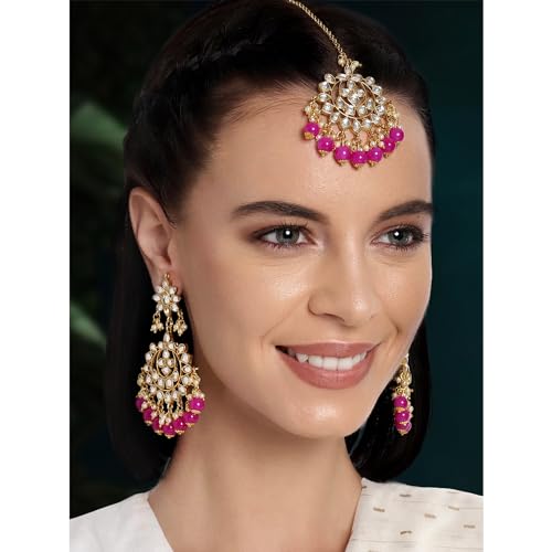 Aheli Indian Traditional Bollywood Faux Kundan Pearl Wedding Chandbali Earrings with Maang Tikka Jewelry Set Gift for Women2