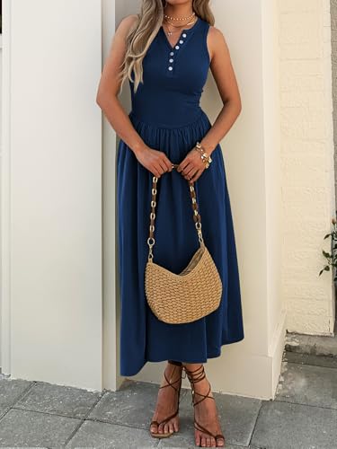 Women's Summer Casual Dresses Sleeveless Knitted V Neck Sundress Drop Waist A Line Long Maxi Dress with Pockets4