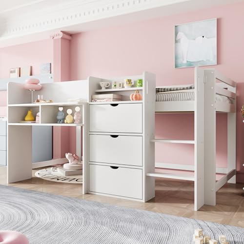 Merax Kinderbett 90x200 cm Funktionsbett Hochbett mit Stauraum, Entertainment-Bereich unter dem Bett - Holzbett mit Lattenrost, Leiter und...