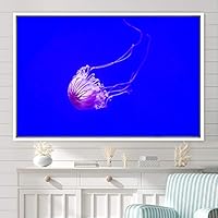 Framed Canvas Wall Art Jellyfish Floating Colorful Fish Group Marine Life Multicolor Nautical Photography Realism Ultra - 16x24 inches