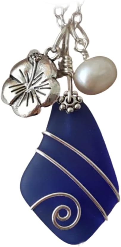 yinahawaii Handmade Sea Glass Necklace, Hawaiian Jewelry For Women, Wire Cobalt Blue Necklace, Hibiscus Pearl Necklace, Beach Birthday Gift For Women (September Birthstone Jewelry)