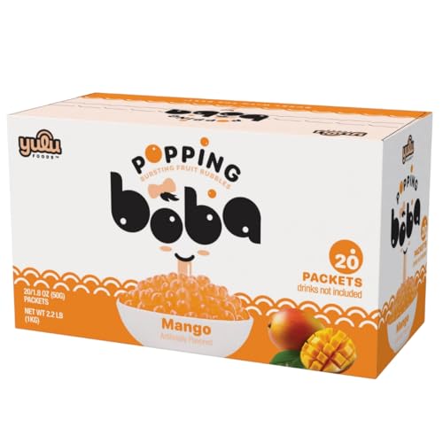 YULU FOODS Mango Popping Boba Pearls – Bursting Fruit Bubble Balls – 20 Pack Single-Serve Snacks – Ready to Eat, Less Mess Than Tub Boba, Kids Love It