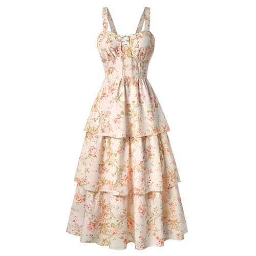 Scarlet Darkness Maxikleid für Damen, Blumenmuster, Sommer, Hochzeit, Gäste, gestuft, ärmellos, Schnürung, Korsett, Sommerkleid, Aprikosenrose, 38