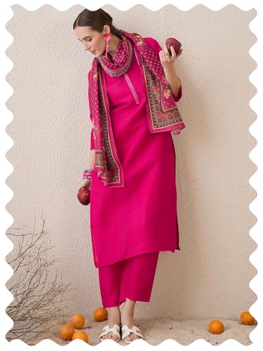 Image of INDO ERA Women's Straight Cotton Blend Ethnic Motifs Embroidered Kurta Pant With Dupatta Set